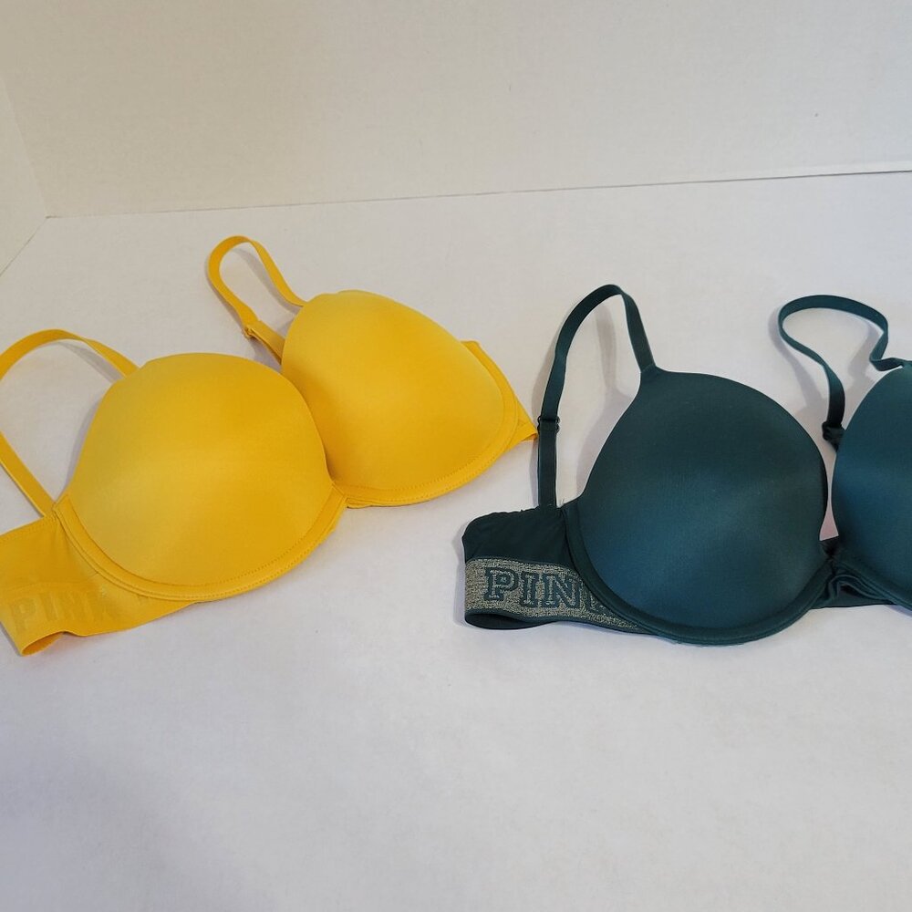 Victorias Secret PINK Where Everywhere Super Push-up Bras 34C Yellow & Green